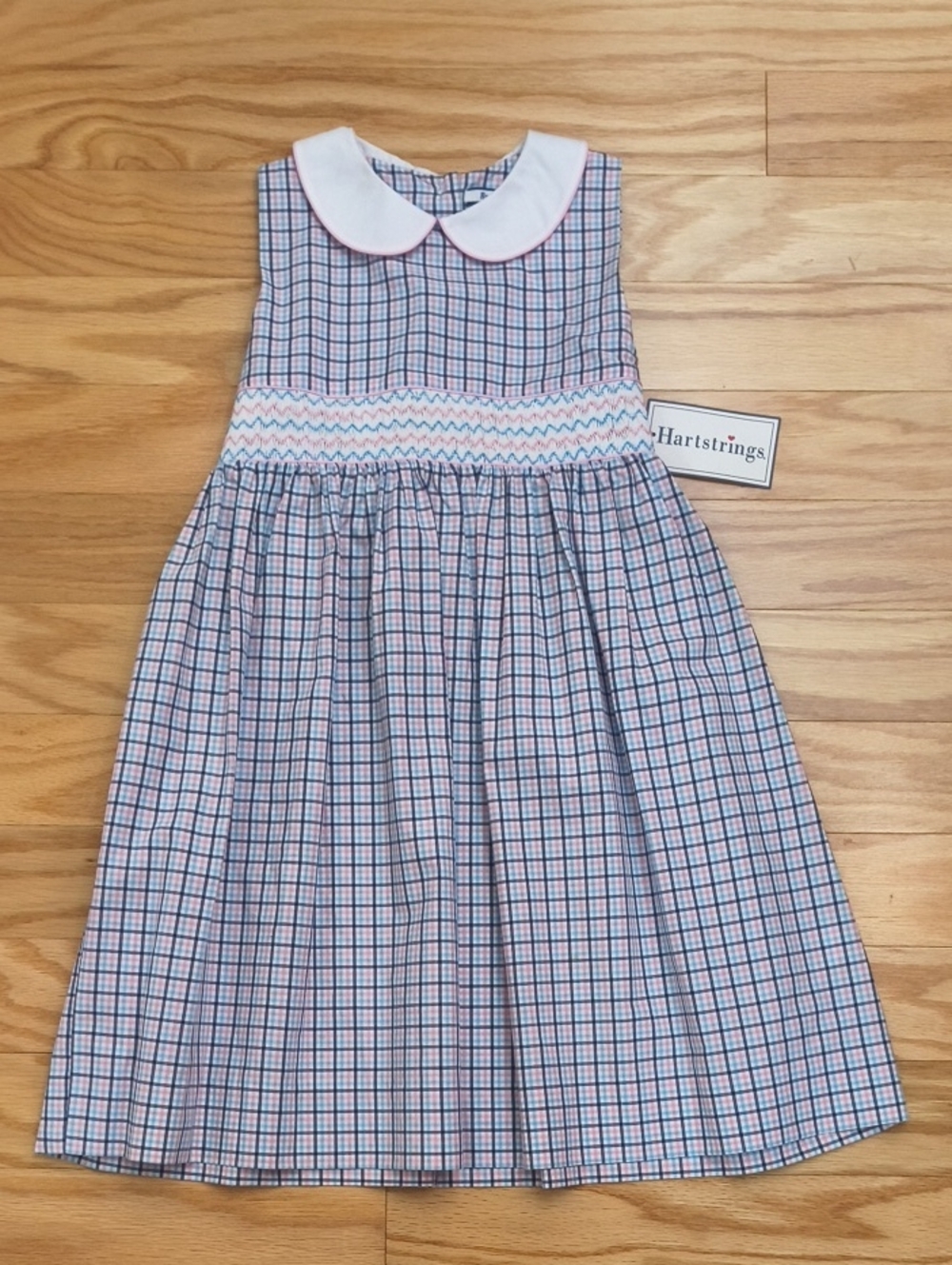 Hartstrings Sleeveless Smocked Dress Pink & Blue Plaid Pan Collar Size 6X NWT